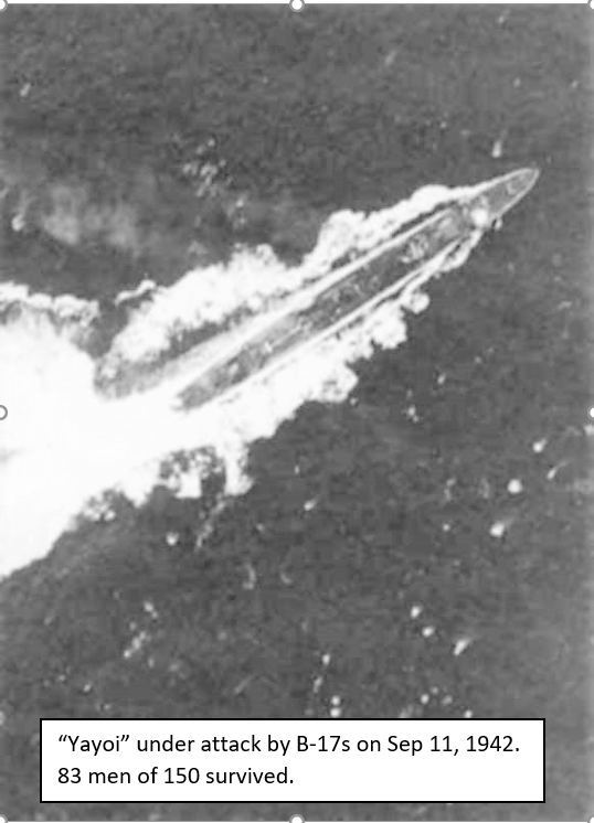 Destroyers Yayoi & Isokaze went to rescue the Unit. US bombers intercepted them off New Britain. Yayoi hit; sank as night fell. Isokaze evaded the bombers and searched for hours; nothing. No sign of Yayoi’s crew. Now two groups were stranded in the Solomon Sea, one unlocated.
