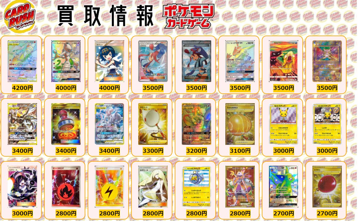 カードラッシュポケモンカード ポケモンカード 買取情報 オドリドリgx Hr 250 エンニュートgx Sr 0 ガオガエンgx Sr 0 マグカルゴgx Hr 0 ヌオー S 0 ルガルガンgx Ssr 0 バリヤード C 0 ハプウ Sr 0 エースバーンv Sr 0