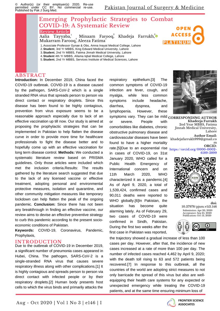 pakjsurgmed's tweet photo. "Since there has not been any breakthrough in finding an effective vaccine, our review aims to devise an effective preventive strategy to curb this pandemic according to the present socio-economic conditions of #Pakistan." https://t.co/HaXzdY4isw
#PakAcademic
#PJSMV1I3 https://t.co/aMx3rqsqNI