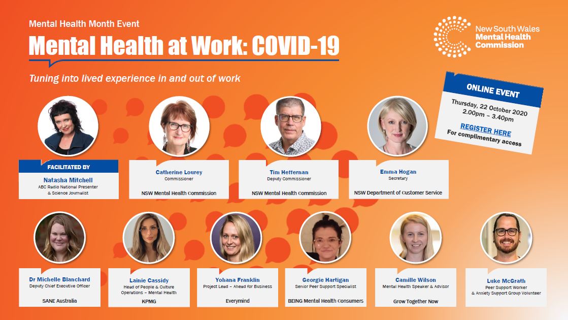 Mental Health Commission of NSW (@nswmhc) on Twitter photo Register for our online event: #MentalHealth at Work: #COVID19 on 22 October: bit.ly/3lGVeFO <a href="/natashamitchell/">Natasha Mitchell (she/her)</a> <a href="/beyondblue/">Beyond Blue</a> #TuneIn #livedexperience #workplace #wellbeing <a href="/KPMG/">KPMG</a> #mentalhealthmonth Register for our online event: #MentalHealth at Work: #COVID19 on 22 October: bit.ly/3lGVeFO <a href="/natashamitchell/">Natasha Mitchell (she/her)</a> <a href="/beyondblue/">Beyond Blue</a> #TuneIn #livedexperience #workplace #wellbeing <a href="/KPMG/">KPMG</a> #mentalhealthmonth