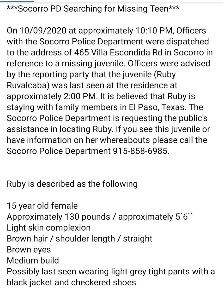 City_of_Socorro's tweet photo. ***Socorro PD needs Public's Help Locating Missing Teen*** https://t.co/hrDnr60q0Y