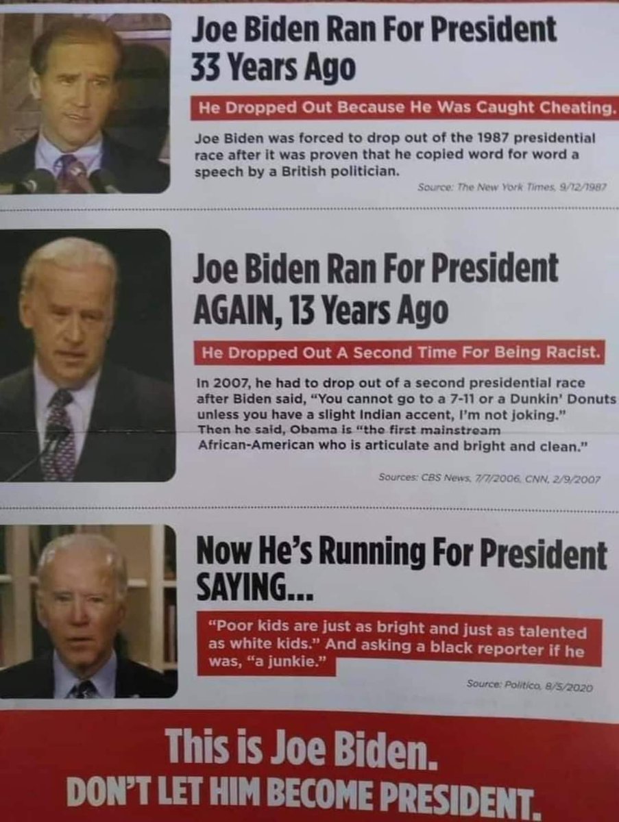 Know why Joe Biden had to drop out of US presidential race twice in 1987 and 2007. Indian Americans Must Not Forget & Get Trapped by Fake Indianess of  #JoeBidenKamalaHarris2020  #JoeBidenIsSick  #JoeBidenIsARacist  #Trump2020Landslide  #TrumpPence2020  #USElections2020