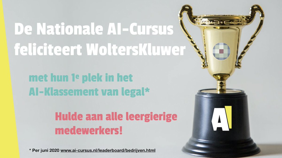 Gefeliciteerd <a href="/Wolters_Kluwer/">Wolters Kluwer</a> ! Met jullie 1-ste plaats in het AI-Klassement categorie "legal". <a href="/PeterBackx/">PeterBackx</a> <a href="/joyvanbaren/">Joy van Baren</a>  Bron: ai-cursus.nl/leaderboard/be…