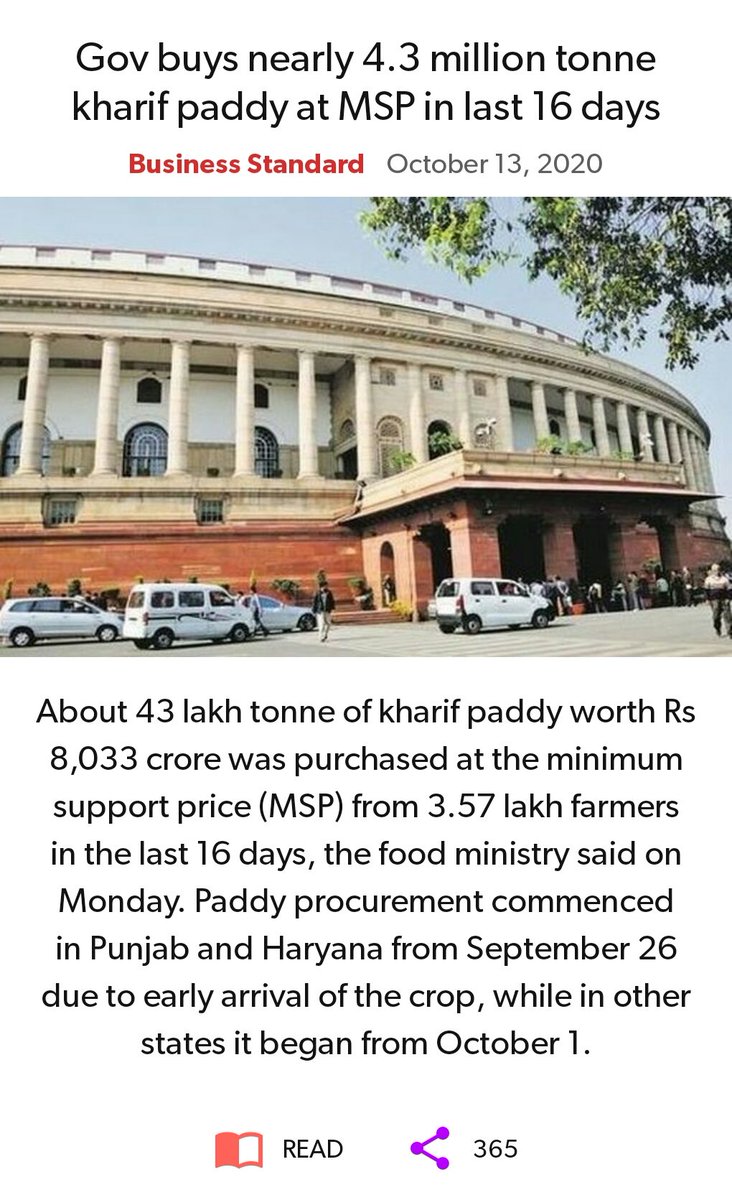 SetuveThe's tweet image. Gov buys nearly 4.3 million tonne kharif paddy at MSP in last 16 days
business-standard.com/article/econom…

via NaMo App