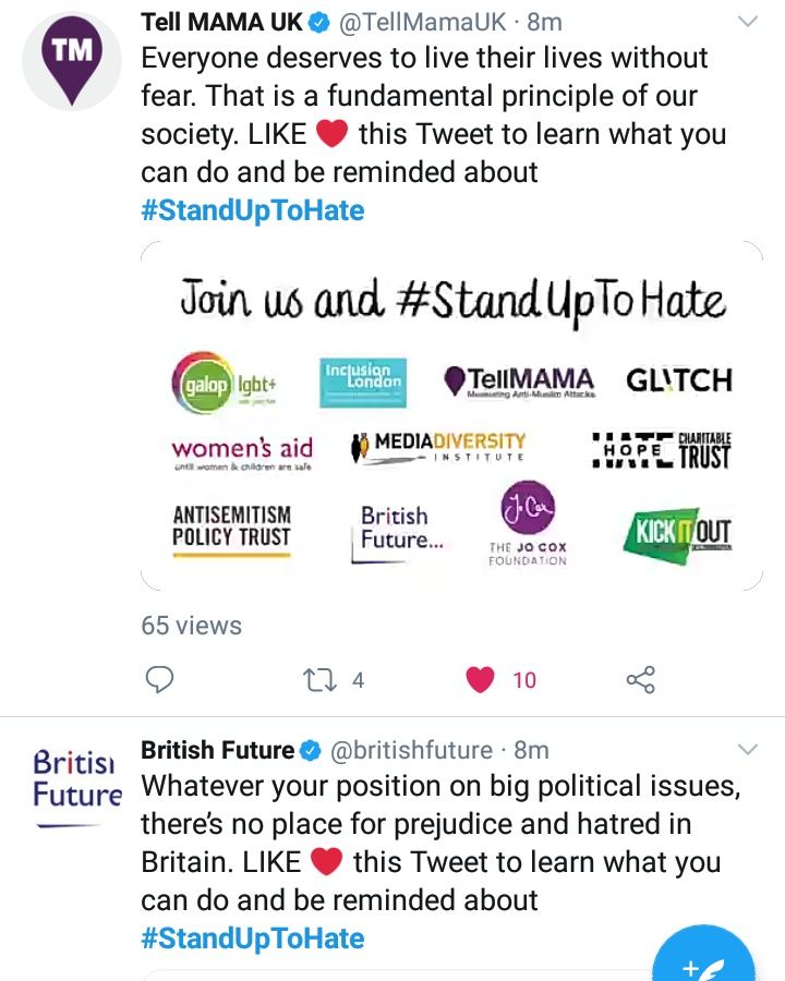 11 civic society organisations are taking part in a  #StandUpToHate campaign this week on Twitter. (Users who "like" the campaign pinned tweet are sent info from that org about things they can do to act on abuse and hate crime) . Examples follow in this thread.