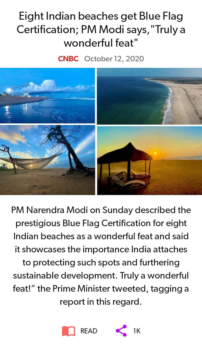 SetuveThe's tweet image. Eight Indian beaches get Blue Flag Certification; PM Modi says,"Truly a wonderful feat"
cnbctv18.com/india/eight-in…

via NaMo App