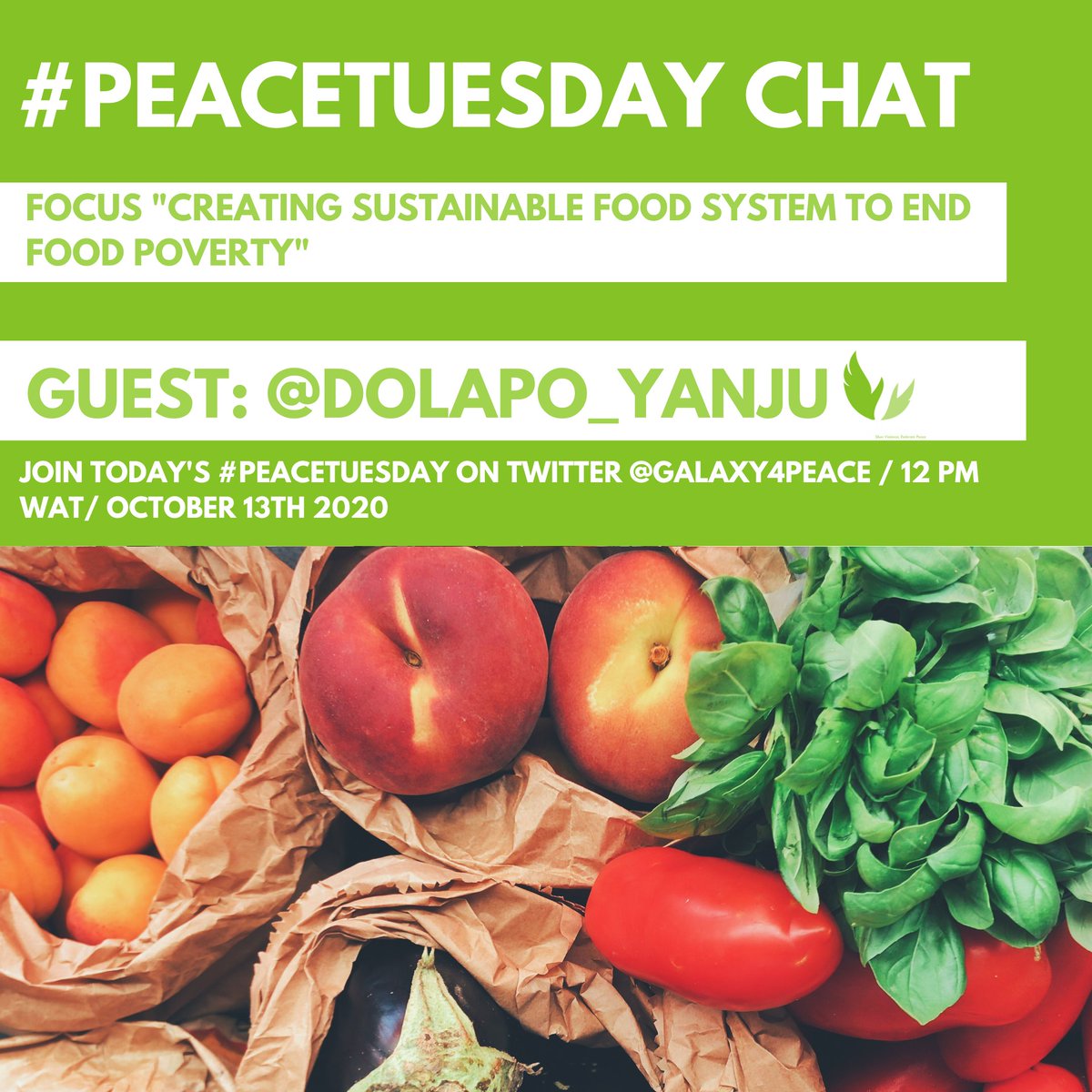 Behind every plate of food, there is a bitter-sweet sweat of a farmer. 
Today as we celebrate these heroes, I'll be chatting with @galaxy4peace on how to eradicate #FoodPoverty and create a #SustainableFoodSystem. Kindly join the conversation at 12pm WAT using #PeaceTuesday