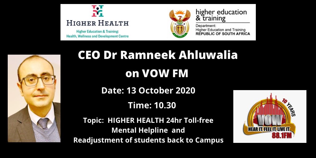 HigherHealthSA's tweet image. #InterviewAlert 

@RamneekHH @vowfm 

#HigherHealthAtWork #MentalHealthMatters #COVID19