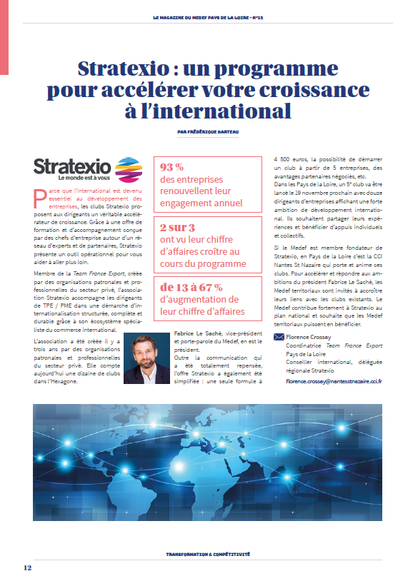 MedefPDL's tweet photo. Page 12 de notre nouveau magazine @MedefPDL une page spéciale @stratexio_fr pour annoncer le lancement d'un 5ème club en @paysdelaloire le 19 novembre prochain avec @ccipdl @FCrossay @f_lesache https://t.co/Hge6HoMPrb #FranceExport https://t.co/kJtXAnhi9U