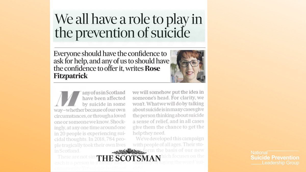 'We should not be afraid to talk about suicide. People who experience suicidal thoughts tell us that using the word ‘suicide’, can enable someone who needs help to start a conversation, and can save a life.'

@Rose_Fitzp writes in today's @TheScotsman: 

scotsman.com/news/opinion/c…