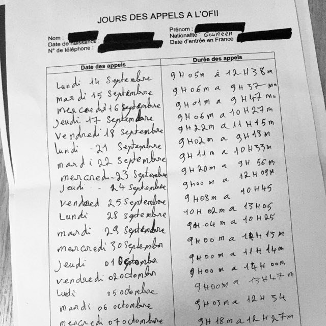 (5/8) C& #39;est le cas de Monsieur G. demandeur d& #39;asile accompagné par notre association. Depuis le 14 septembre, il a ainsi appelé l& #39; @OFII_France 21 fois. Au total depuis près d& #39;un mois, il a passé plus de 40 heures à espérer une réponse. Il tente encore aujourd& #39;hui... en vain.
