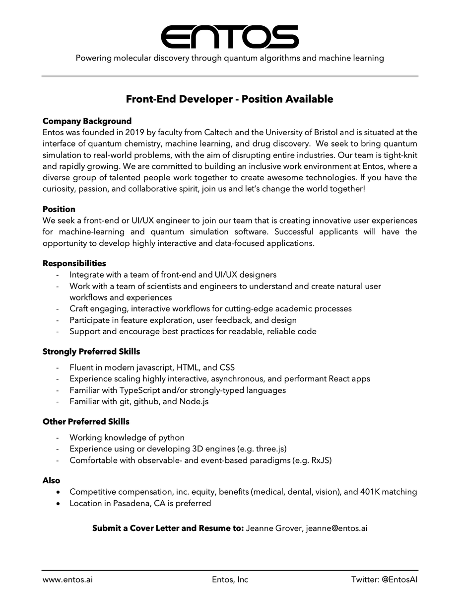 iambic_ai's tweet image. Entos continues to quickly grow!  Positions available for both front-end and back-end software developers.  Please RT and apply to join in driving molecular discovery through physics-based machine learning!