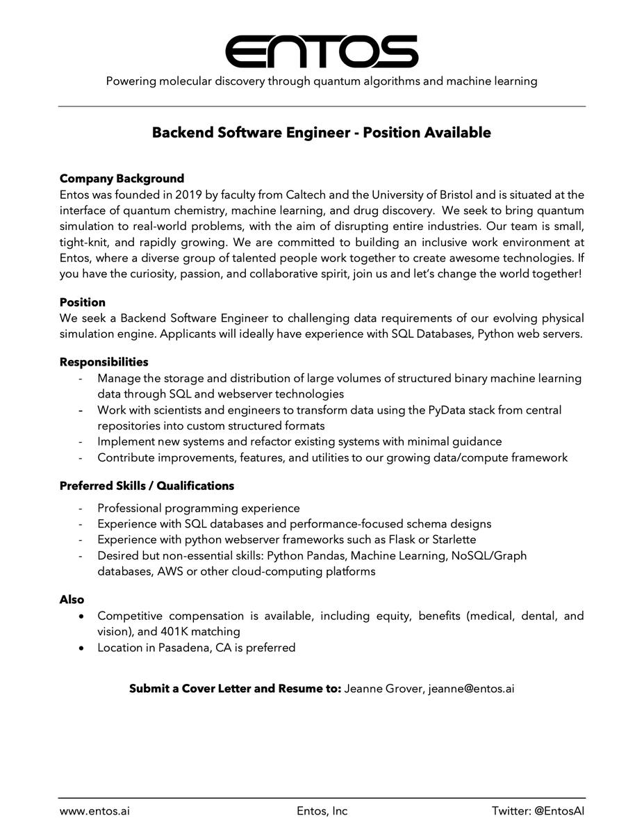 iambic_ai's tweet image. Entos continues to quickly grow!  Positions available for both front-end and back-end software developers.  Please RT and apply to join in driving molecular discovery through physics-based machine learning!