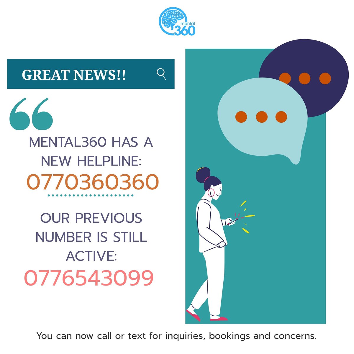 mental360kenya's tweet photo. Quick update!!! 

We have a new helpline number!  

Feel free to reach us on 0770360360
#360Talks #TimeToTalk https://t.co/07wLcPeEnE