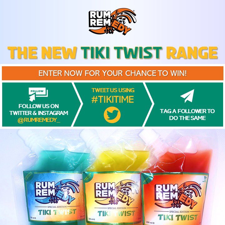 RumRemedy_'s tweet photo. As a special introduction to our new product range Tiki Twist we are running a #twittercompetition for your chance to win some #freebies
Simply
1) Follow us on Twitter
2) Retweet THIS post using hashtags #tikitime & #tikitwist
3) Comment and tag a friend
😊 Best of luck! https://t.co/dcfEhVN7xA
