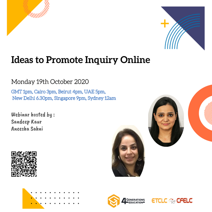 ali_ezzeddine_'s tweet photo. Ideas to promote Inquiry Online

During the webinar, we would be focusing on the purpose of Inquiry and how can we support online Inquiry. Participants will inquire into the importance of building connections with their learners, the importance of play, collaborating with othe… https://t.co/BNh3KljJ07
