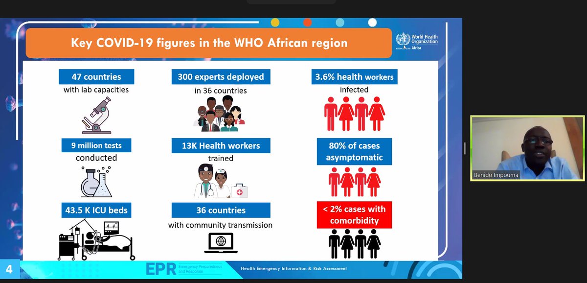 RSTMH's tweet photo. Dr Benido Impouma @WHOAFRO covers #COVID19 in #Africa. With a strong leadership from @MoetiTshidi, to country ownership &amp; local response, they're now seeing a decline in cases &amp; an R<1. Still, ~80% cases are asymptomatic so case tracking &amp; resilience building is key. #RSTMH2020 https://t.co/LyLToF5ZFg