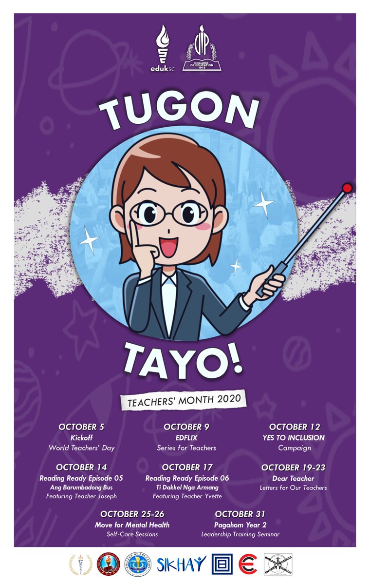 upsystem's tweet photo. #ThankYouTeacherPH

The UP College of Education Student Council and UP College of Education proudly present

TUGON TAYO: Teachers' Month 2020 Celebration
Mga Guro ng Bayan, #TugonTayo!

#WalangIwanan
#PagmayaPaglaya

Stay updated by following UP CESC's social media accounts. https://t.co/C5zNY9e9oU