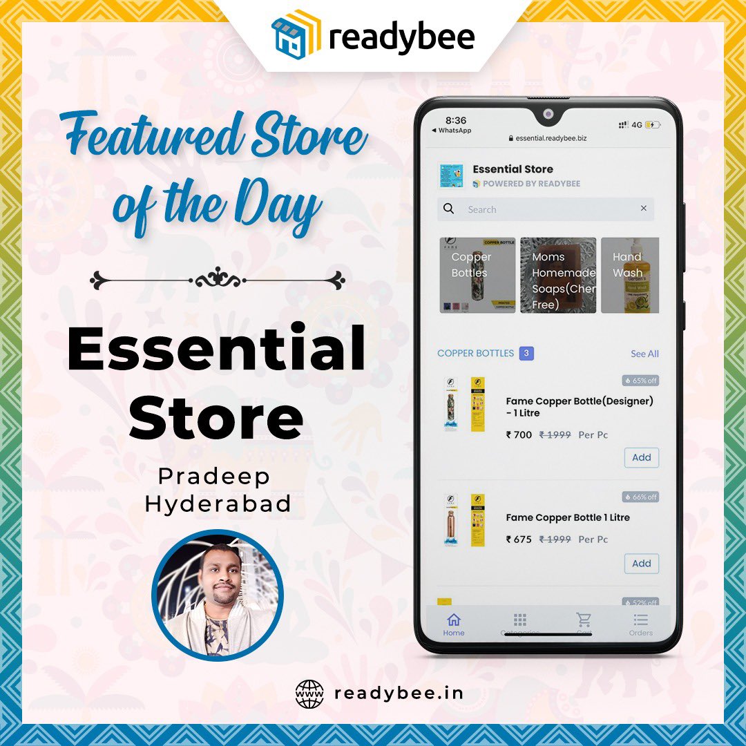 "Essential Store" is the Readybee- Featured Store of the day! Here is link to his store essential.readybee.biz
..
Get your own free online store with a beautiful digital catalogue with Readybee r-b.biz/r/fb

#readybee #entrepreneur #india 
#kirana #transformation