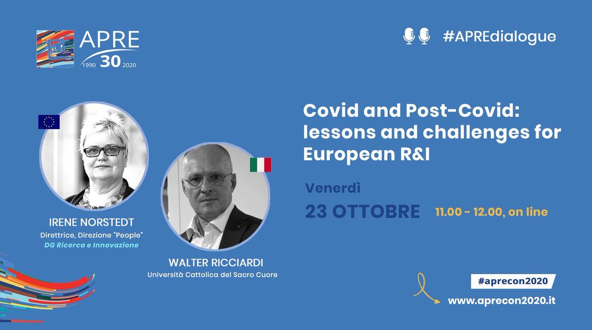 apre_it's tweet photo. 📍Segnalazioni dal programma #APREcon2020
(on line, partecipazione libera)
📅 23 Ottobre 🕰 11.00 👇
#COVID19 - La sfida più grande in questo momento. Come si sta muovendo l’Europa? Ne parliamo con @WRicciardi @IreneNorstedt
🎙️#APREdialogue ▶️ https://t.co/Ucx1s6tUwD https://t.co/pTj0VBgkD2