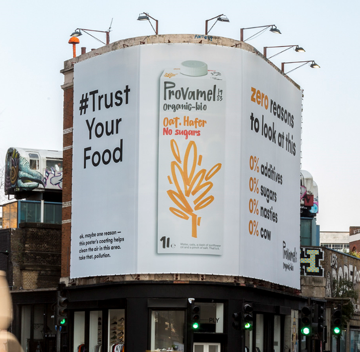 provamel's tweet image. This billboard isn’t just a billboard. It spreads 0% of nothing. Except for a 100% clean message, because it even cleans the air while hanging in the streets of London. Ask the Queen if you don’t believe us.
#TrustYourFood #Provamel #organic #vegan #cleanfood #cleanair #london