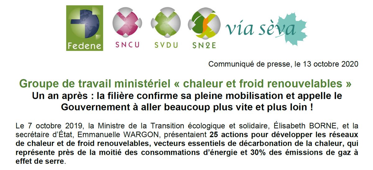 _FEDENE_'s tweet photo. [#PRESSE] Groupe de travail ministériel « chaleur et froid renouvelables » : un an après.
La filière confirme sa pleine mobilisation et appelle le @gouvernementFR à aller beaucoup plus vite et plus loin !
ℹ️ : https://t.co/lIU2FvB8sD
@ViaSeva #SNCU #SVDU #SN2E #ChaleurEnR https://t.co/pYgsXDXhAN