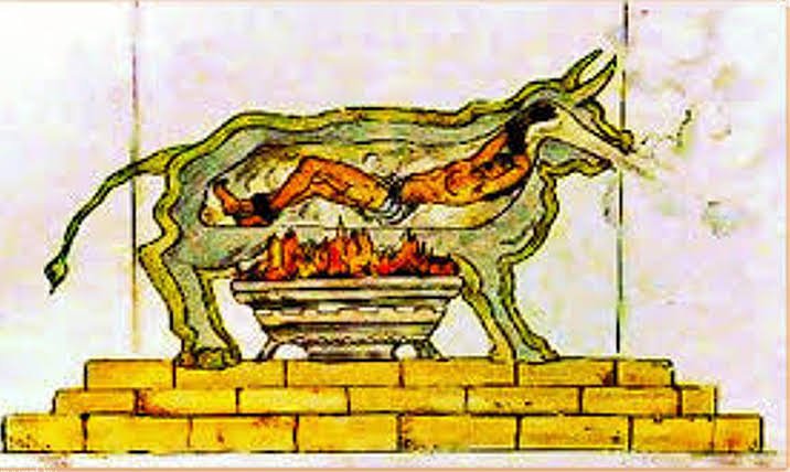 ­The Brazen Bull was a hollow brass statue crafted to resemble a real bull. Victims we­re placed inside, usually with their tongues cut out first. The door was shut, sealing them in.