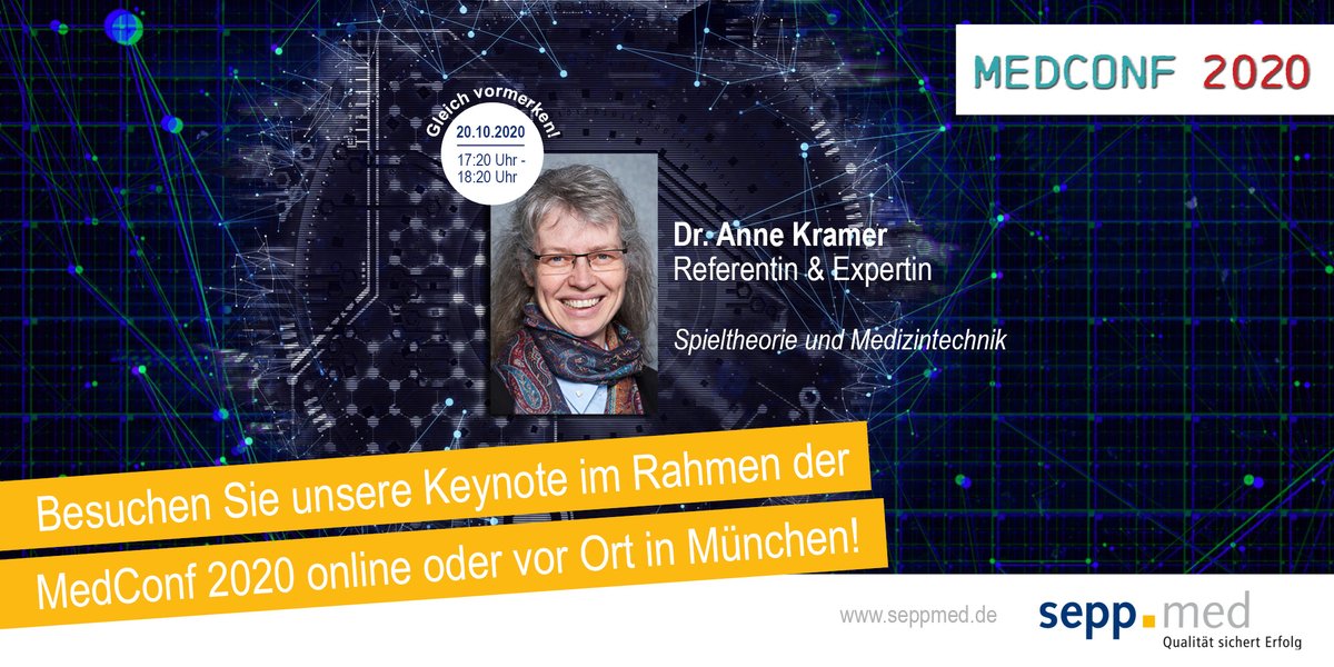 Spieltheorie &amp; #Medizintechnik. #Keynote mit Dr. Anne Kramer auf der <a href="/MedConfMUC/">MedConf</a>. Wie wäre es, wenn wir das Verhalten von Auditoren antizipieren könnten? Erlaubt das eine Prognose, wie sich die #MDR auf #Qualitätssicherung von Produkten auswirken wird? medconf.de/agenda/keynote…