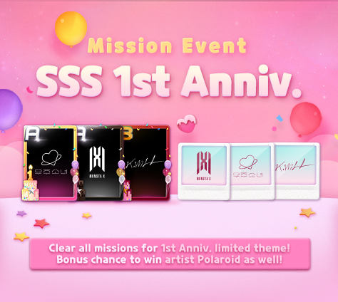 [ #SuperStarSTARSHIP  #1stAnniversary new song updates] #KWILL  #Hello_Autumn #MONSTA_X  #Ready_or_Not #WJSN  #Sugar_PopDon't miss the limited theme/BG/Polaroid rewards from SSS 1st Anniv. Mission Event!Purchase 1st Anniv. limited themes for chance to win Mini Acrylic Magnet set!