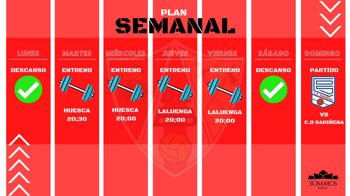 📆 | ¡COMIENZA SEMANA DE LIGA! 

Esta semana el equipo realizará 4️⃣ sesiones antes de iniciar la liga.

¡Nos estrenamos 🆚 <a href="/CDSarinena/">C.D. Sariñena</a>!

#SOMMOSUnion 🔴⚪️