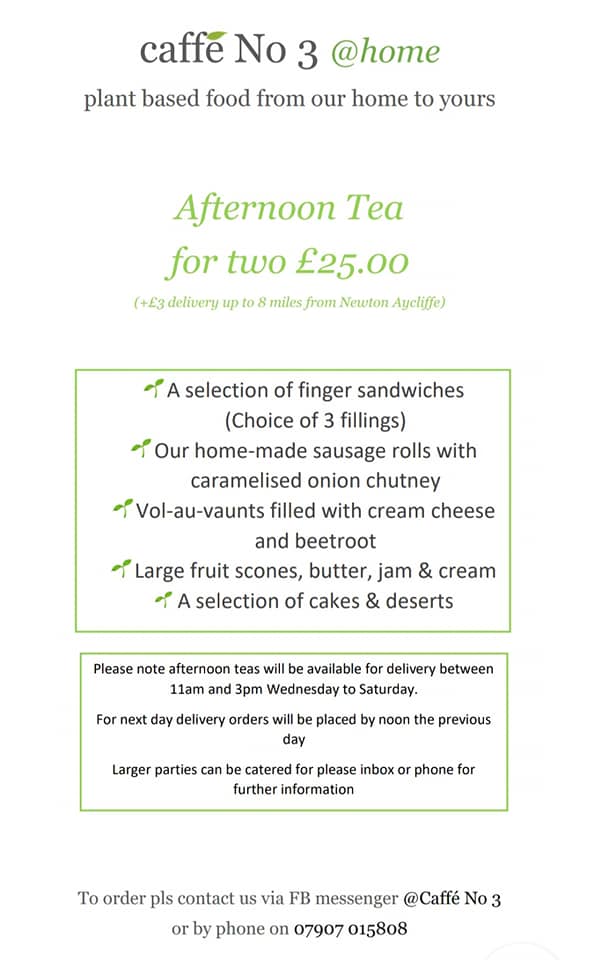 CaffeNo3's tweet photo. Good morning folks!

We're excited to be able to tell you about the 3rd part of our launch

We'll be offering delicious &amp; indulgent plantbased🌱Afternoon Teas😊

Deliveries will be Wednesday to Saturday, from 11am-3pm

https://t.co/aYaOs0yUQM

#Durham #AfternoonTeas #foodanddrink https://t.co/Jpqx2KtoJp