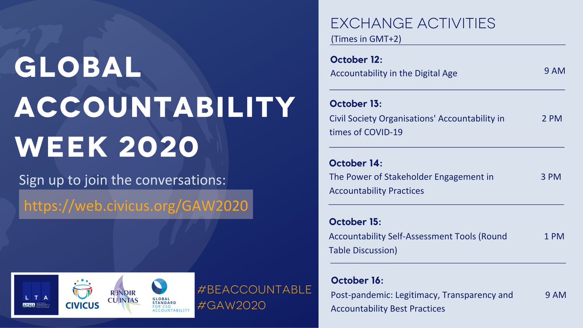 ⚠️🌍CIVICUS: World Alliance for Citizen Participation’s #GlobalAccountabilityWeek happening until Friday! 
🔎Sign-up ➡️ web.civicus.org/GAW2020

#BeAccountable #GAW2020 #CivilSociety #Accountability #Transparency #Legitimacy #CSOs #SDGs #Covid19 #Coronavirus  #BuildBackBetter