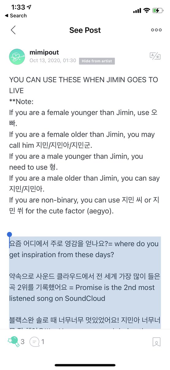 example sentences / comments to copy and paste when Jimin goes on vlive*repost from weverse*OP: mimipout요즘 어디에서 주로 영감을 얻나요? = where do you get inspiration from these days? +