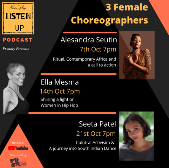 Tomorrow at 7pm @EllaMesma shares her thoughts on navigating the current times and her creativity and so much more on Ep.2 of @NatashaZplayer - 'Listen Up' Podcast on our website. Sponsored by  @PDSW_org & BIG thanks: @EllaMesma @VOCABDANCE @SeetaDance 
@Listen_UpPod
 #StillIRise
