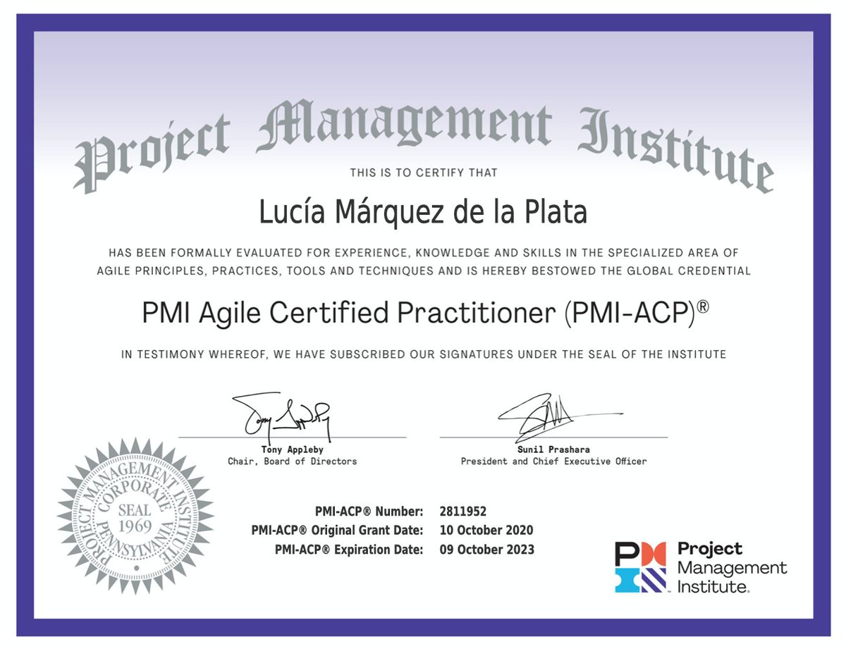 LuciaMarquezP's tweet photo. ¡¡Conseguido!! Gracias a todos los que me han acompañado en esta aventura hacia el ACP del @PMInstitute , sobre todo Mike Griffiths, @Balsa_Pedro y @ceolevel. ¡Muchas gracias! 
#agile https://t.co/4LRRJnd2wb
