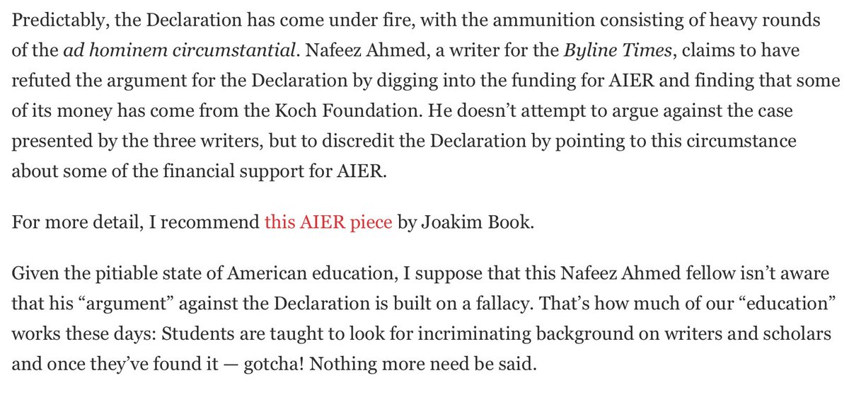 The problem is that I do address the argument. Compare below. But AIER, its scientists, and these writers, have *no actual arguments* against these points, namely that the evidence so far suggests that immunity declines too quickly to allow 'herd immunity' to be feasible /7