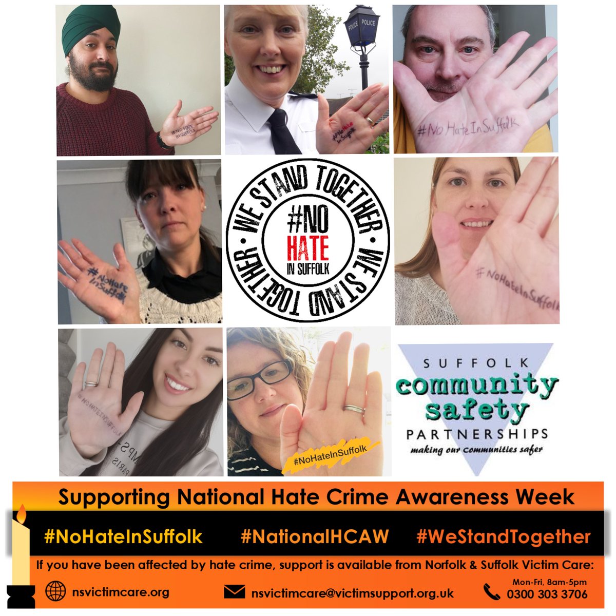 We stand together against hate crime. <a href="/SuffolkPolice/">Suffolk Police</a> <a href="/MidSuffolk/">Mid Suffolk District Council</a> @BaberghDistrict <a href="/West_Suffolk/">West Suffolk Council</a> <a href="/IpswichGov/">IpswichGov</a> <a href="/EastSuffolk/">East Suffolk Council</a> @NHSWSCCG @IESCCG @NHSNWCCG #NoHateInSuffolk #HateCrimeAwarenessWeek