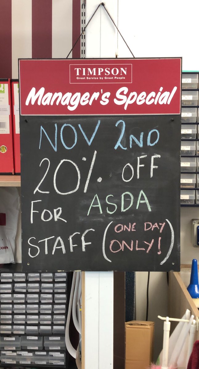 TimpsonAsda's tweet image. #MANAGERSPECIAL

20% off for all Asda Milton staff on Monday 2nd of November (ONE DAY ONLY)

#ASDA #DUNDEE #MILTON #TIMPSON