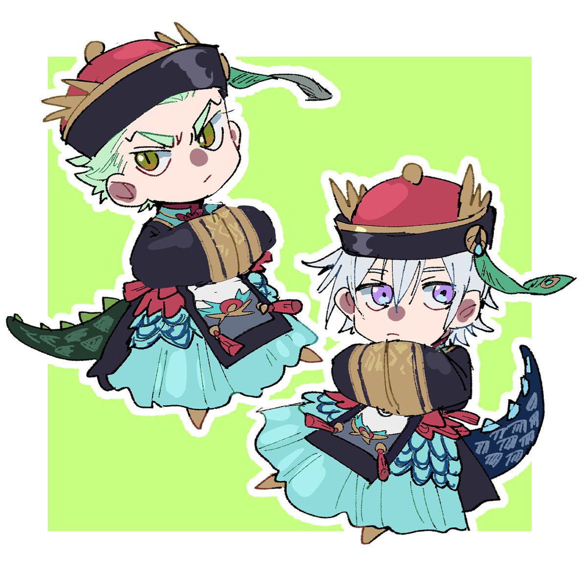 2boys multiple boys male focus chibi hat chinese clothes tail  illustration images