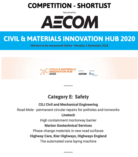 RoadMole's tweet photo. Fantastic news to be shortlisted in the @HWYSUK Civil and Materials Innovation Hub 2020 - Safety category with Road Mole permanent circular repairs for potholes and ironworks system. Thanks to @AECOM for sponsoring the event and good luck to all the nominees. https://t.co/biSlvm0Y1L