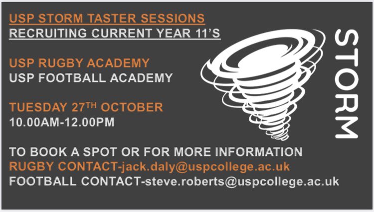 uspstorm's tweet photo. We have our Football & Rugby Trials very soon! Please email contacts below to book your place #bepartofit #football #fulltimefootball #uspstorm #stormfamily #coaching #development #rugby https://t.co/8b1y1hjFiJ