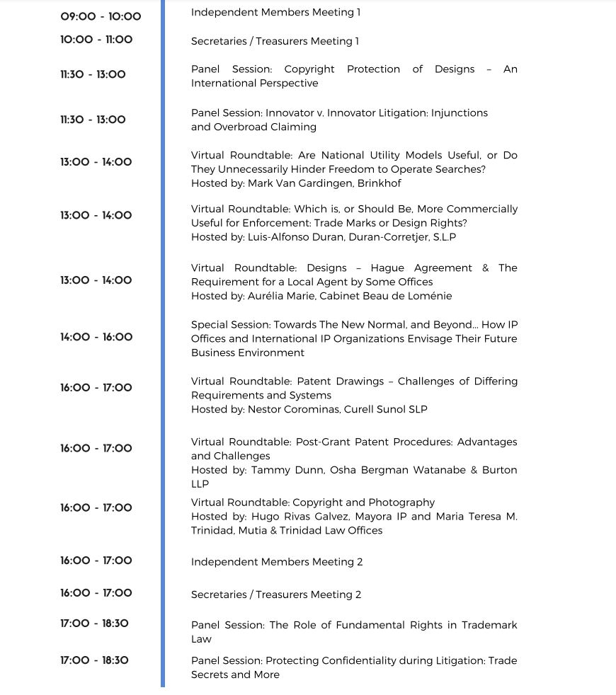 AIPPI_ORG's tweet photo. Penultimate day at the 2020 AIPPI World Congress: what's on today?
#AIPPI2020 https://t.co/fgeeLNiRge