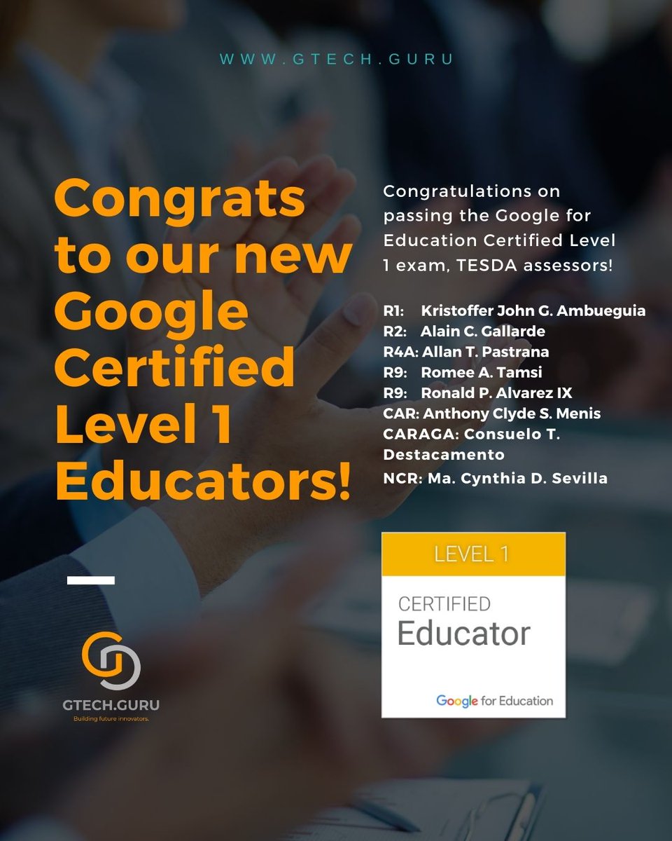 gtech_guru's tweet photo. Congrats to the new Google for Education Certified Level 1 educators from @tesdaofficial ! We look forward to more certified educators from your team. #GoogleET @GoogleForEdu  #PhilippineEducator #gurochat https://t.co/eASdnbulqJ