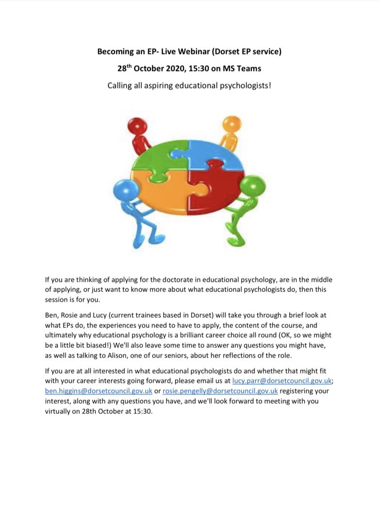 BenHigginsTEP's tweet photo. Calling all aspiring EPs! The trainees at Dorset EPS will be hosting a webinar on 28th October about becoming an EP. Info on the leaflet below. Please share with those who may be interested! #twittereps #adayinthelifeofa_EP #adayinthelifeofa_TEP #aspiringEPs https://t.co/ZwZ39rXjjG