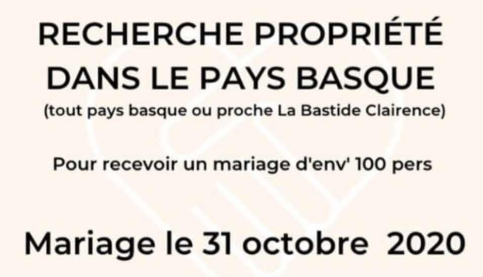 Y a des Bretons dans le Pays Basque ou des Basques au grand ♥️ ?

👩‍❤️‍👨 C’est pour sauver le mariage de <a href="/maylis_stella/">Maylis</a> et son chéri. Plus de salle du fait du Covid-19 !

WANTED
👉🏻 propriété pour accueillir 100 convives après l’église 👰🏻👨🏻‍⚖️
📆 le 31 octobre

Plz RT ! Merci pour eux !