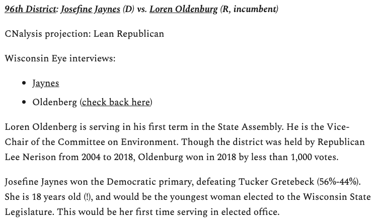 DanRShafer's tweet photo. Today's Assembly Race to Watch: 96th District

First-term representative Loren Oldenburg won in 2018 by less than 1,000 votes. Democratic challenger @jaynes4wi is running to become the youngest woman elected to the Wisconsin State Legislature.

MORE: https://t.co/4uNx47TFpO https://t.co/QPjOpa8Lie