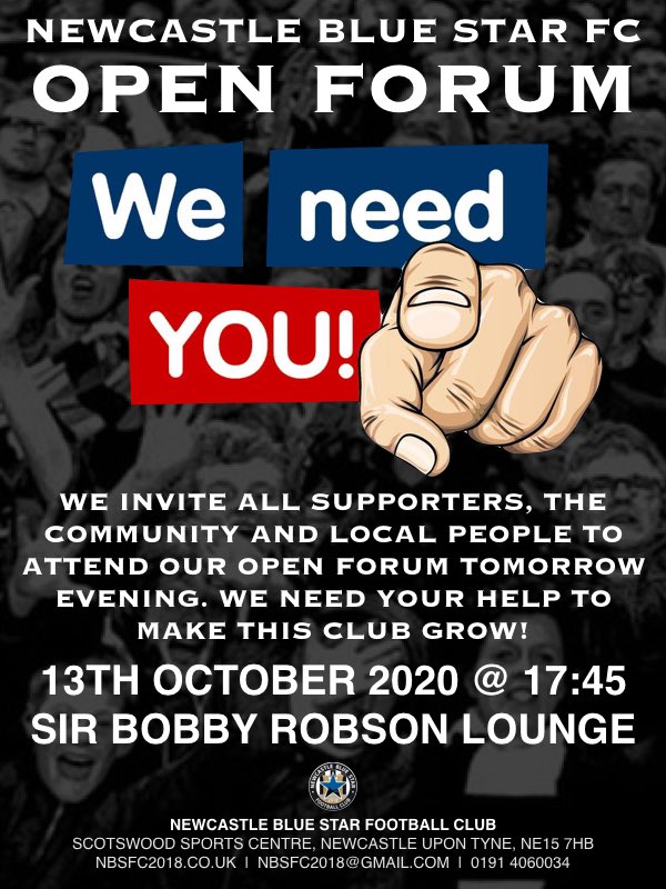 EVENTS | We would like to welcome all supports to the Sir Bobby Robson Lounge this evening for our open forum. Perfect opportunity to ask the club questions and to get involved!

😷 Face mask needed
📅 Tuesday 13th October 2020
⌚ 17:45
🚗 NE15 7HB

#NBSFC #FeelLikeYouBelong