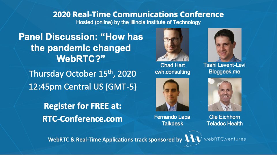 How has the pandemic changed #WebRTC? This year has brought many changes, which ones will continue into 2021? <a href="/chadwallacehart/">Chad Hart</a> moderates a panel at @IIT_RTC_Conf with <a href="/tsahil/">Tsahi Levent-Levi</a> and insights from TalkDesk and Teladoc. Register here: rtc-conference.com