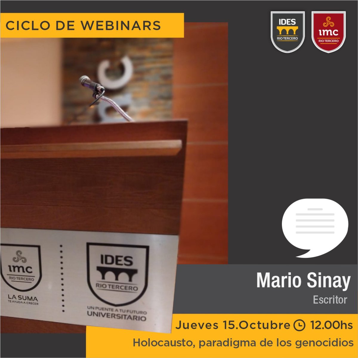 idesrt's tweet image. bit.ly/MarioSinay (Click para ver la transmisión en vivo por YouTube)
.
👉No te pierdas la charla de Mario Sinay en  @idesrt
🗓Jueves 15 de octubre ⏰12:00 hs
#riotercero #ciclowebinars #Holocausto #nodejesdeestudiar #EnVivo