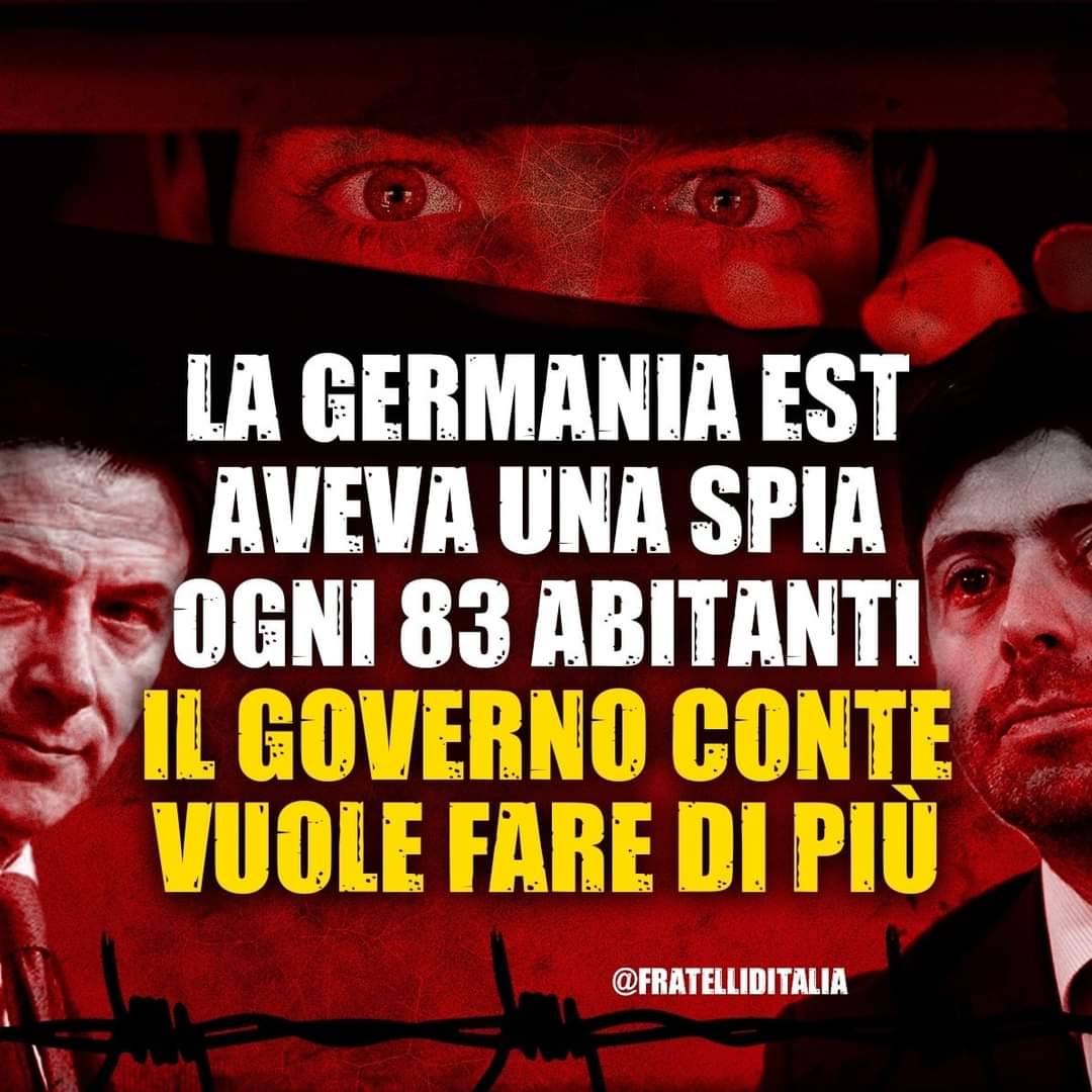 Nella Germania Est la Stasi poteva contare su una spia ogni 83 cittadini. Sembra di essere ripiombati in quei luoghi. Il Governo PD-M5S, oltre a rendere il mondo del lavoro un inferno, ora vuole anche distruggere il tessuto sociale mettendo i cittadini italiani uno contro l'altro
